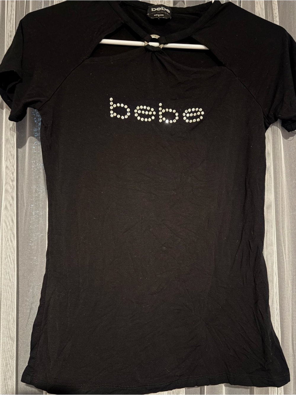 bebe Black Short Sleeve Crystal Logo Tee